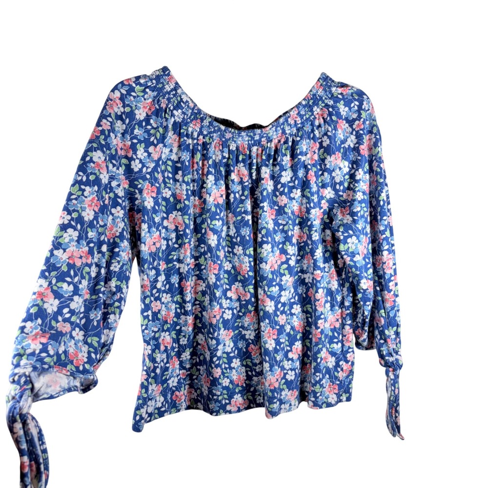 Chaps Petite Floral Smocked Neck Peasant Top Tie Sleeve Cottagecore Blue M